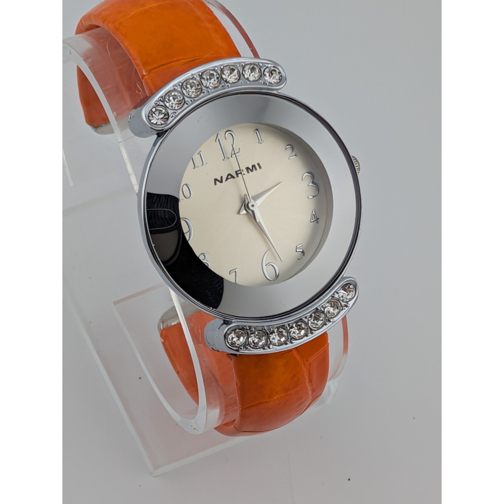 Narmi Watch Women‎ Hinge Bangle Orange Band 33mm Silver Case- New Battery